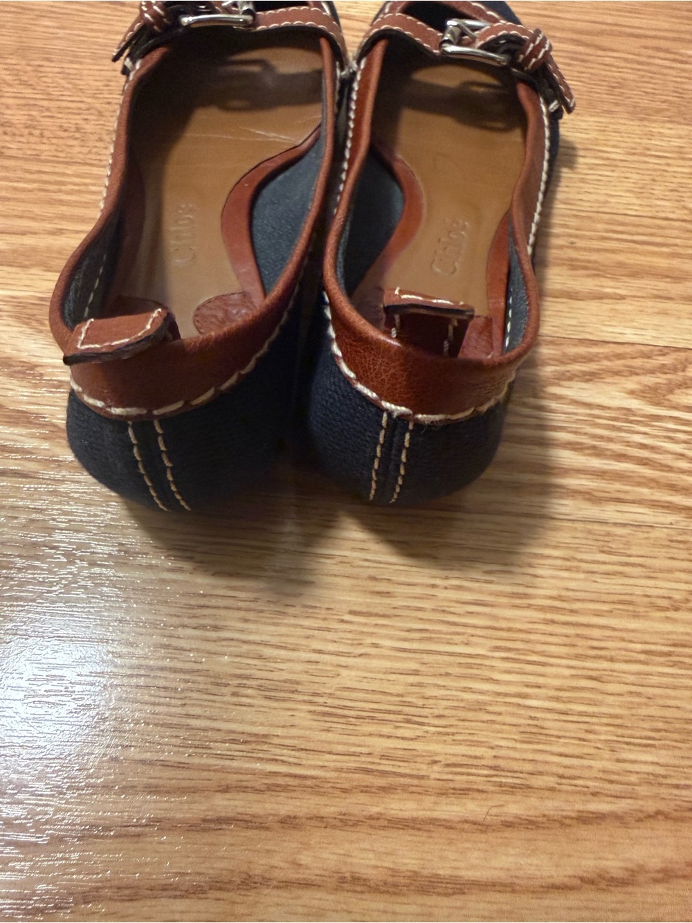 Chloe Brown Leather-Trim Black Canvas Flats with Buckle - Picture 10 of 12
